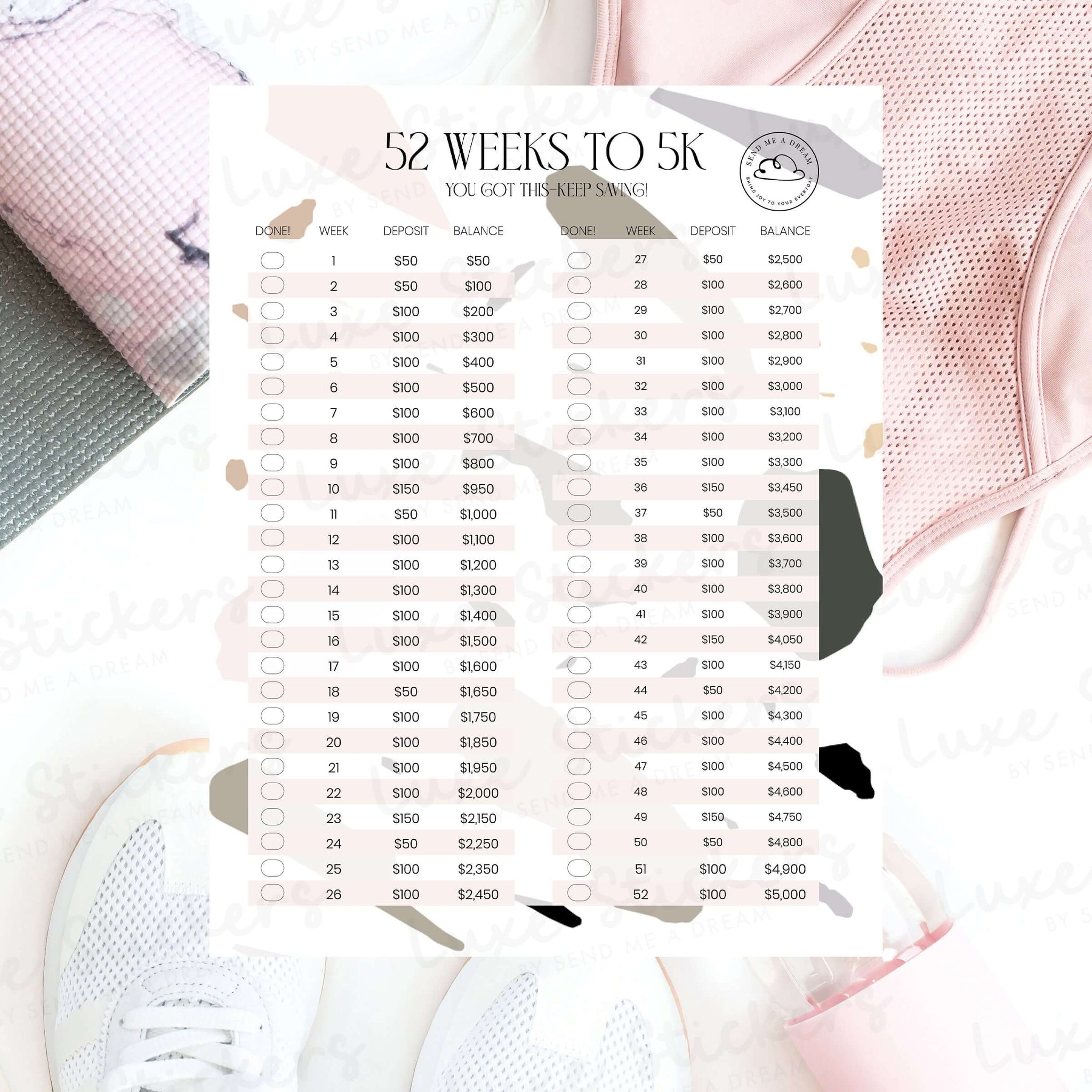 Table 52 Week Track 52 Weeks to 5K Savings Challenge