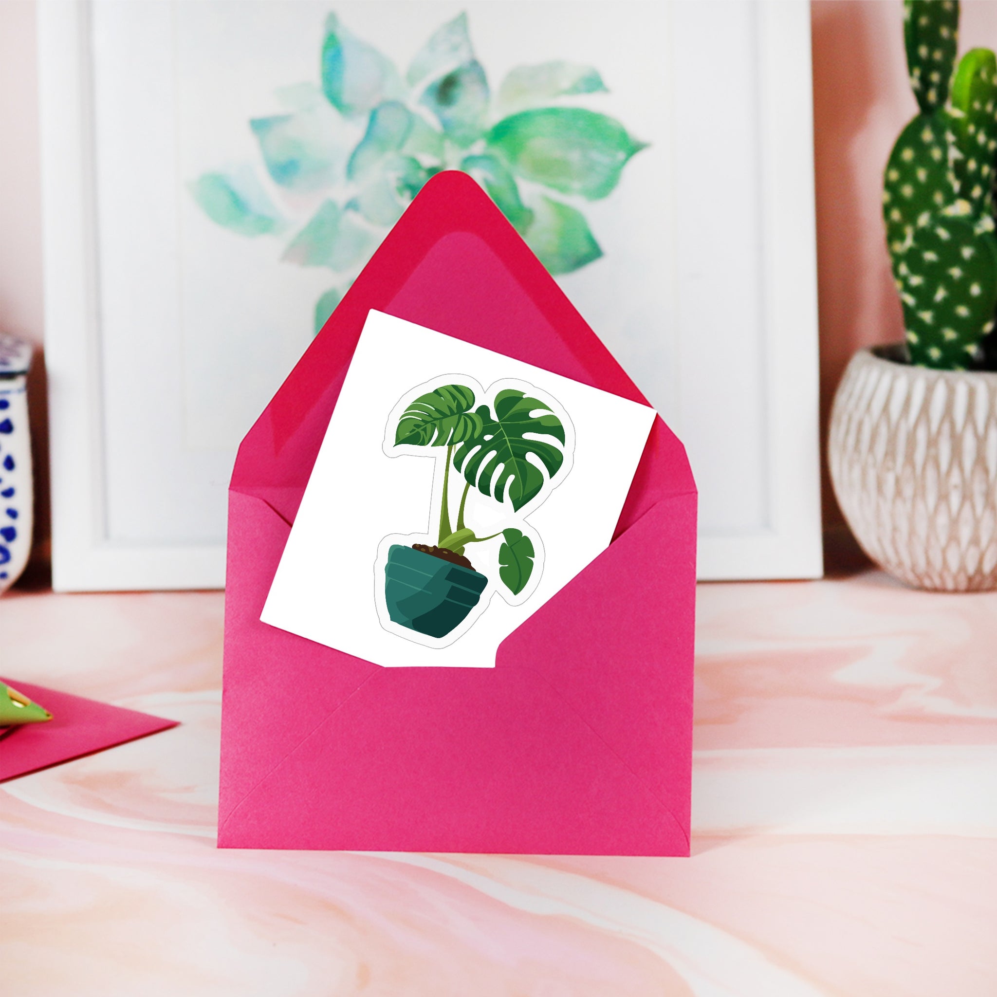 Monstera in Pot Kiss Cut Water Bottle Laptop Stickers - 3"